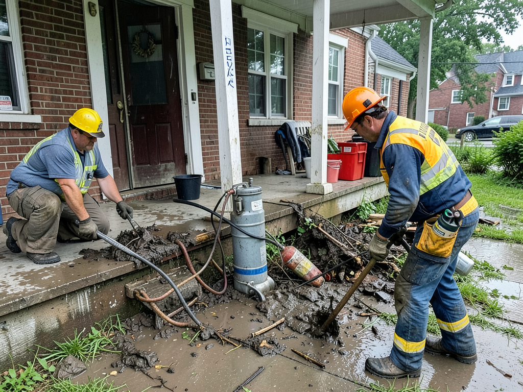 Removing mud and debris from your yard and porch after a flash flood in Manayunk